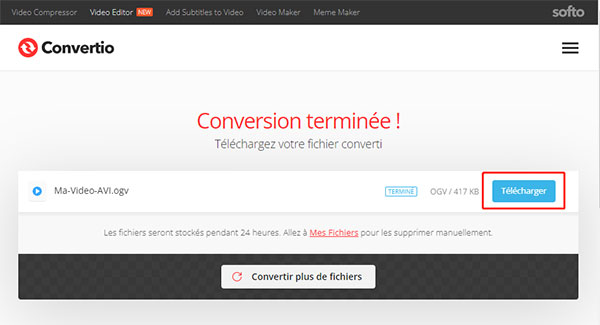 Convertio - Conversion en OGV terminée