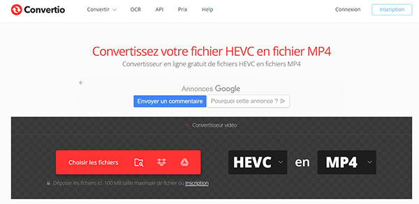 Convertir HEVC en MP4 avec Convertio