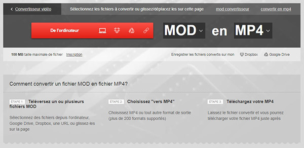 Convertir MOD en MP4 avec Convertio