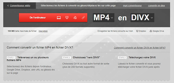 Convertir MP4 en DivX avec Convertio