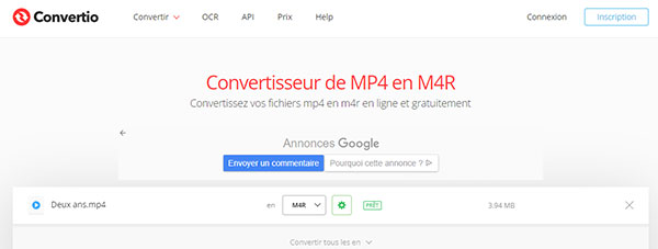 Convertir MP4 en M4R avec Convertio