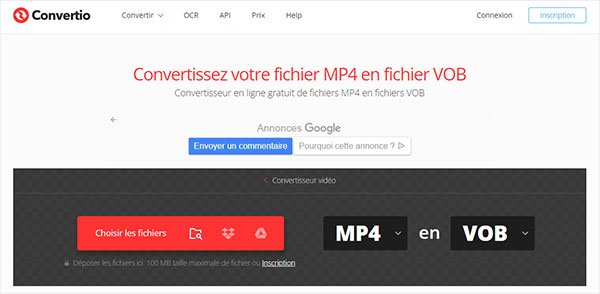 Convertir MP4 en VOB avec Convertio