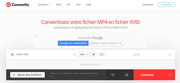 Convertir MP4 en XVID avec Convertio