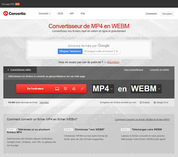 Convertir MP4 en WebM en ligne avec Convertio