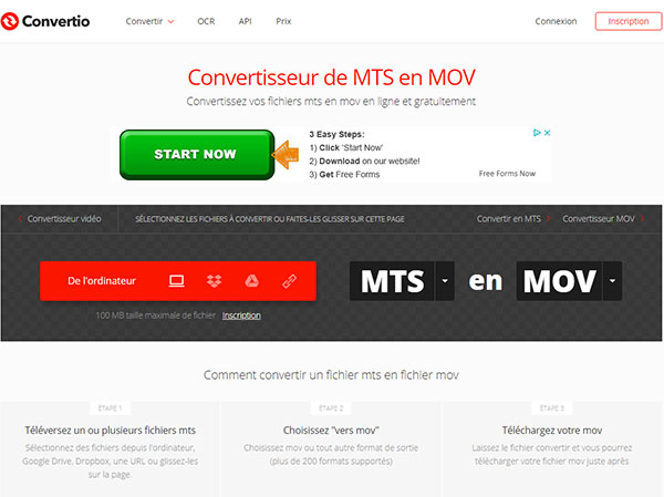 Convertir MTS en MOV sur Convertio