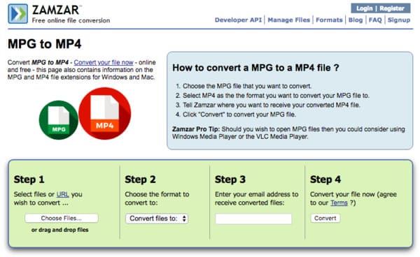 Convertir MPEG en MP4 avec Zamzar