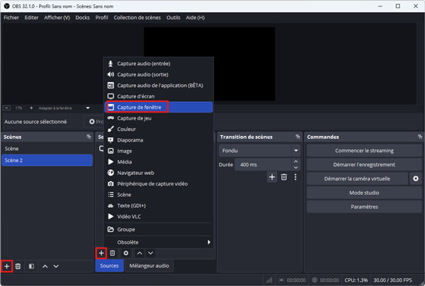 Créer une scène et une source