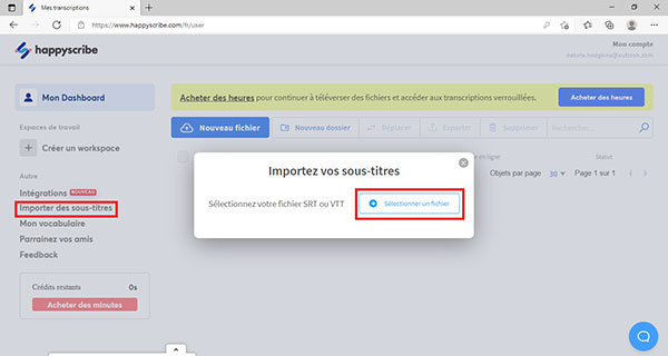 Importer des sous-titres avec Happyscribe