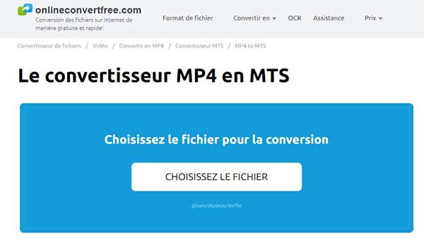 Convertir MP4 en MTS avec Onlineconvertfree.com