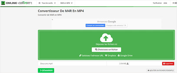 Convertir MP4 en M4R avec ONLINE-CONVERT