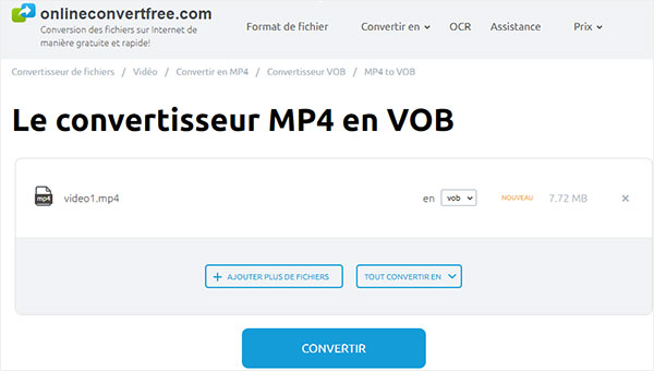 Convertir MP4 en VOB avec Onlineconvertfree