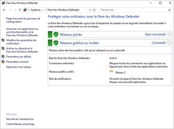 Désactiver la protection antivirus sous Windows dans Panneau de configuration