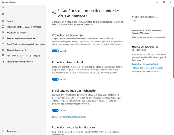 Désactiver Windows Defender sur Protection contre les virus et les menaces