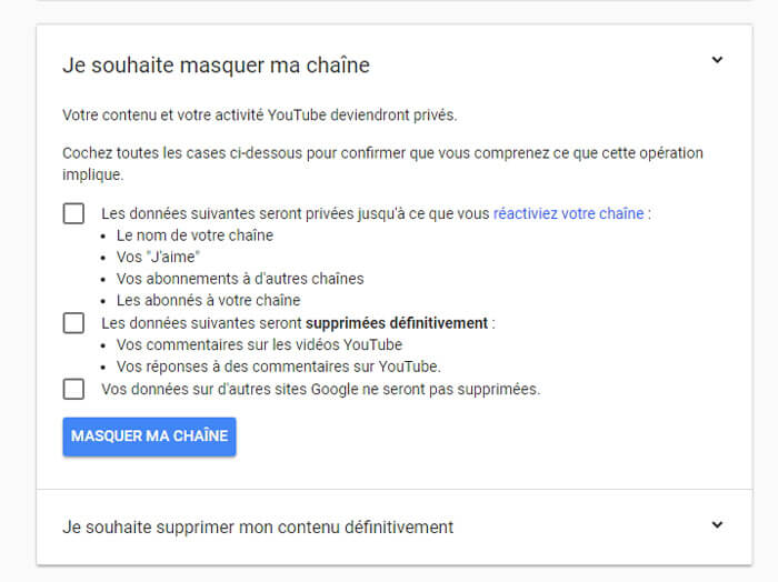 Masquer la chaîne YouTube