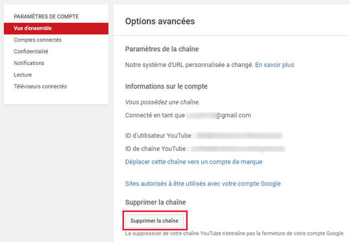 Supprimer la chaîne YouTube