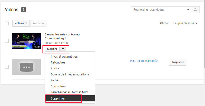 Supprimer une vidéo YouTube