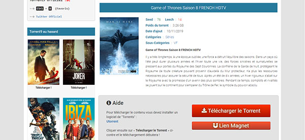 La page de détail de Game of Thrones