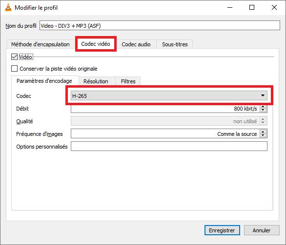 Régler le codec vidéo