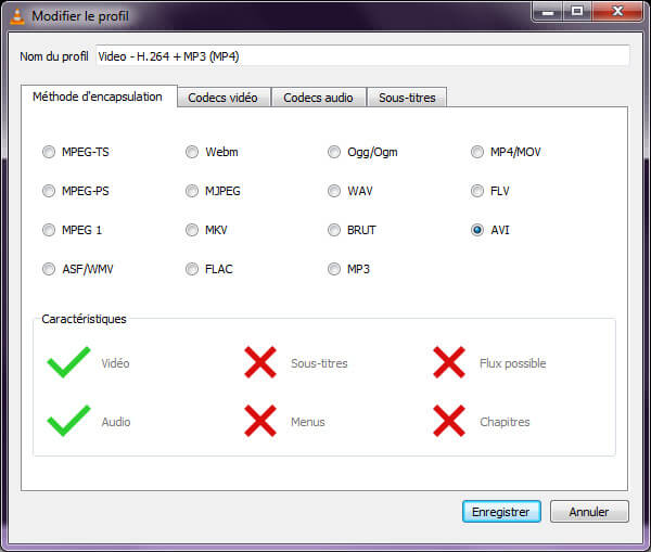 Sélectionner la méthode d'encapsulation en AVI