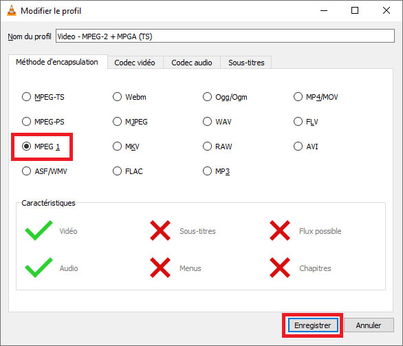 Sélectionner le profil MPEG