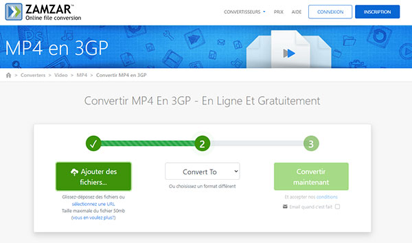 Convertir MP4 en 3GP avec ZAMZAR