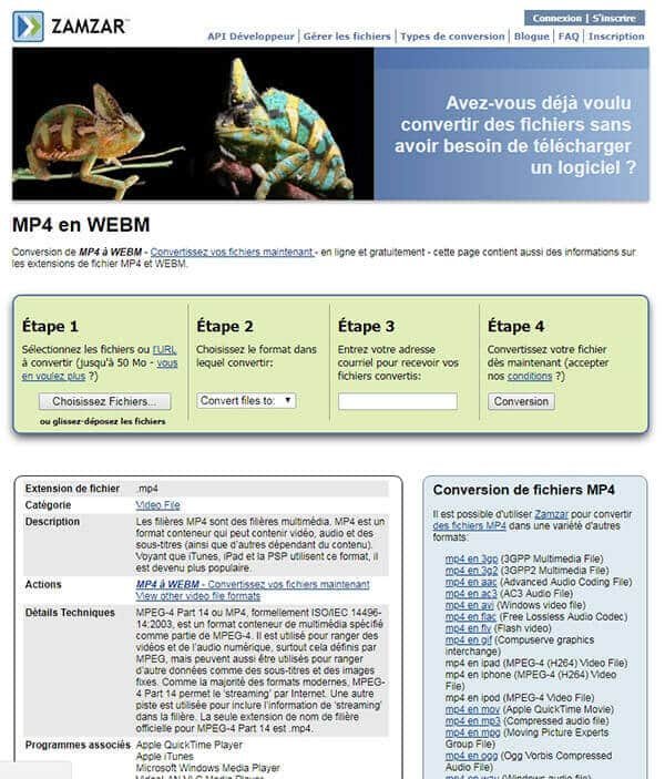 Convertir MP4 en WebM en ligne avec ZAMZAR