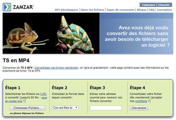 Convertir TS en MP4 en ligne avec ZAMZAR